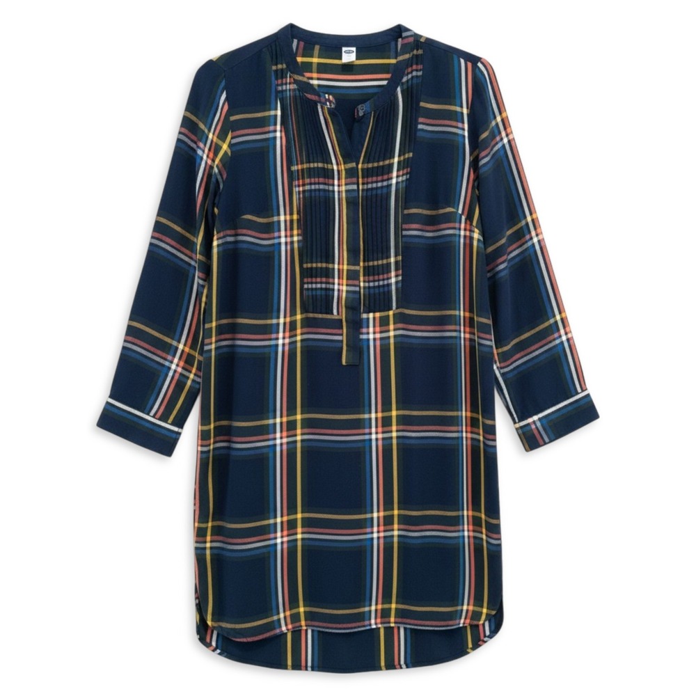 Old Navy Plaid Tunic Dress Womens‎ Medium Navy Blue Pintuck Long Sleeve Preppy